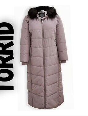 torrid Long Quilted Trench Coat with Black Faux Fur Hood